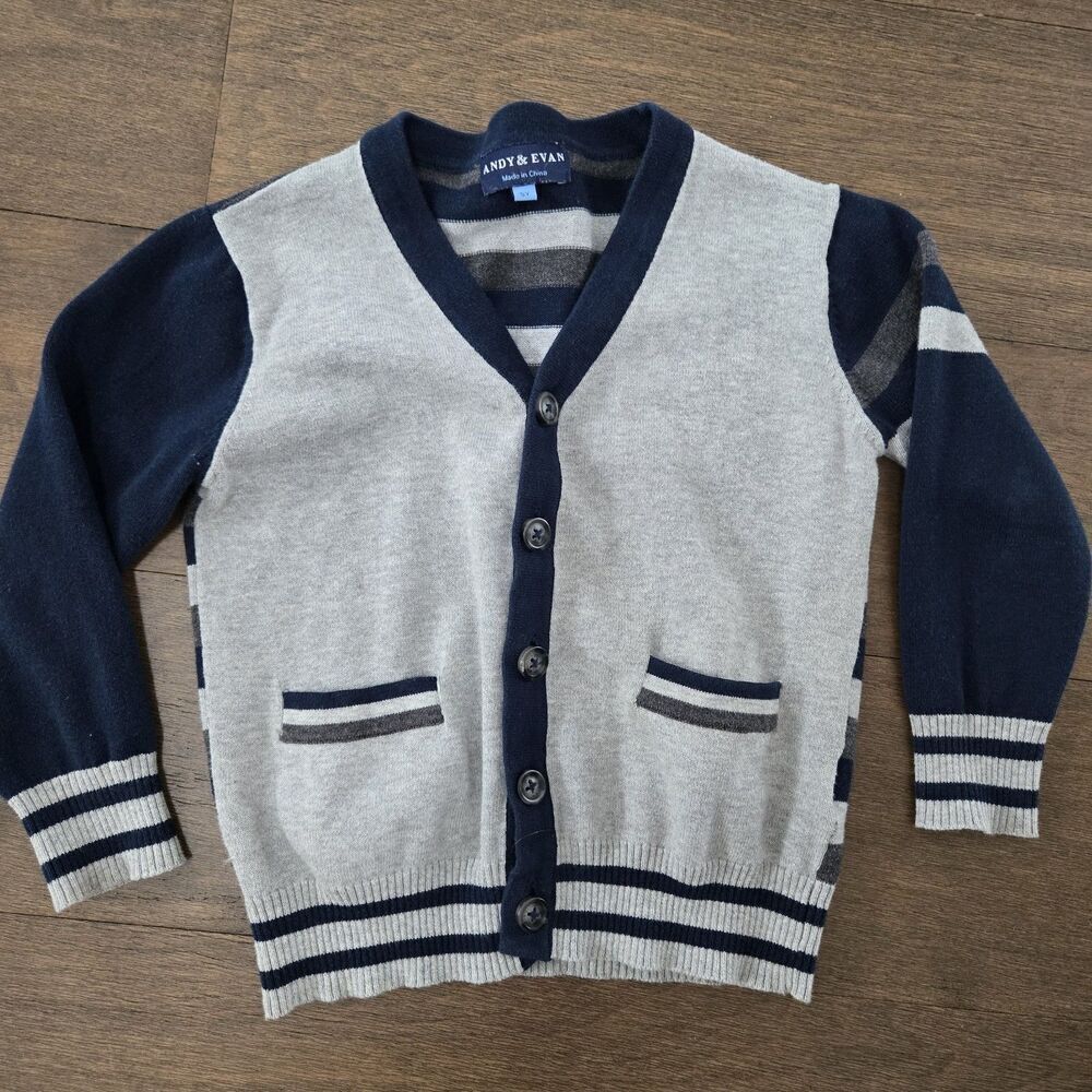 Andy & Evan Boy Grey & Navy Stripe Varsity Cardigan Sweater Size 5